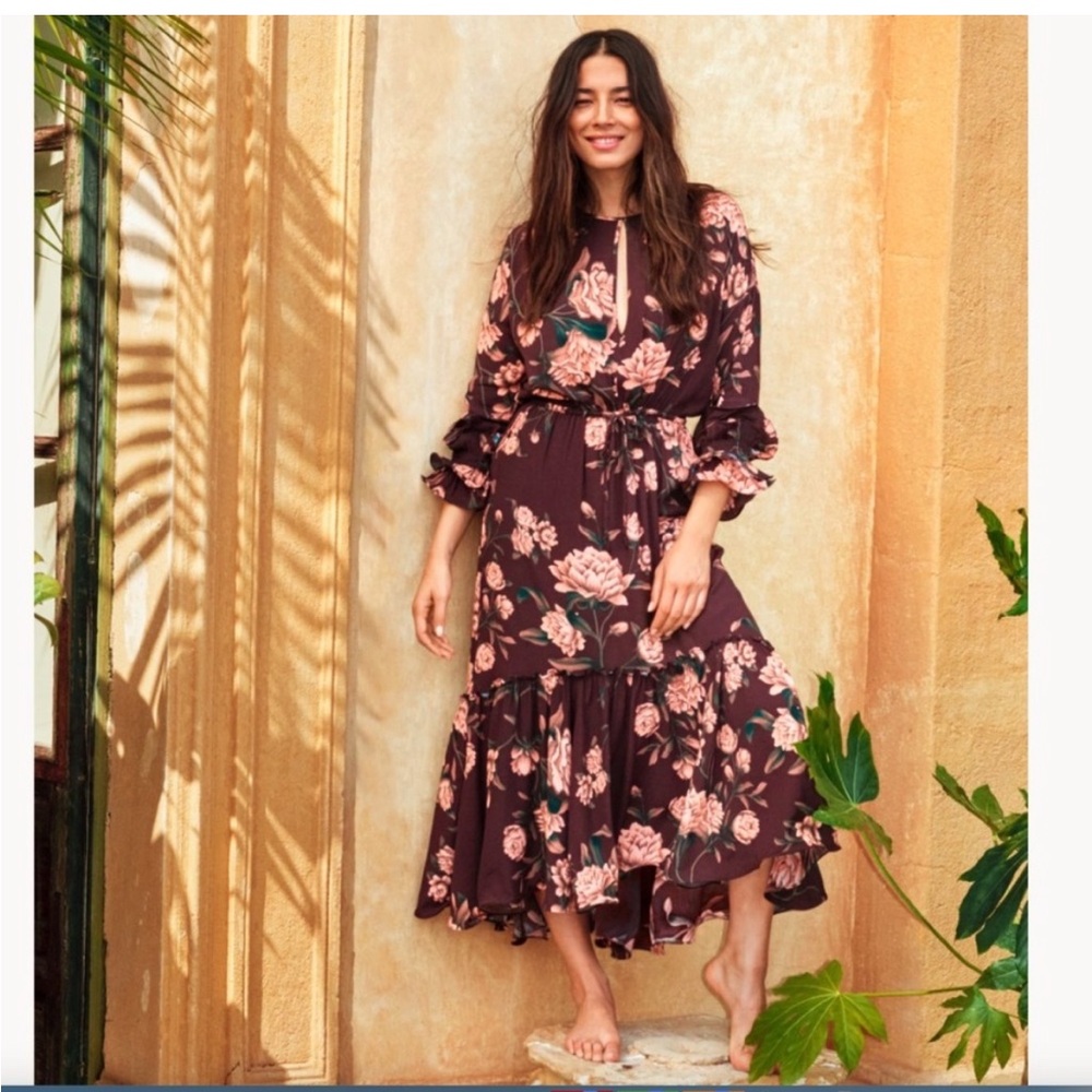 Johanna Ortiz x H&M Brown Pink Floral Ruffled Maxi Dress, Size XS